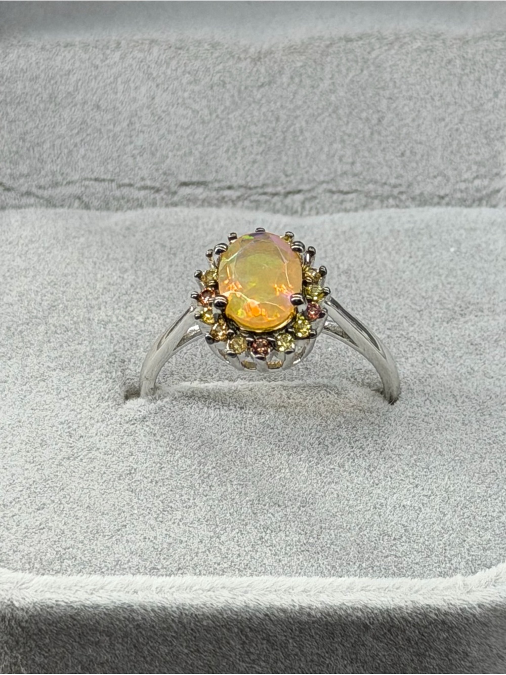 Enchanting Fire Opal Diamond Cut Sapphire halo 925 Sterling Silver Ring Sz 7 - Picture 9 of 13